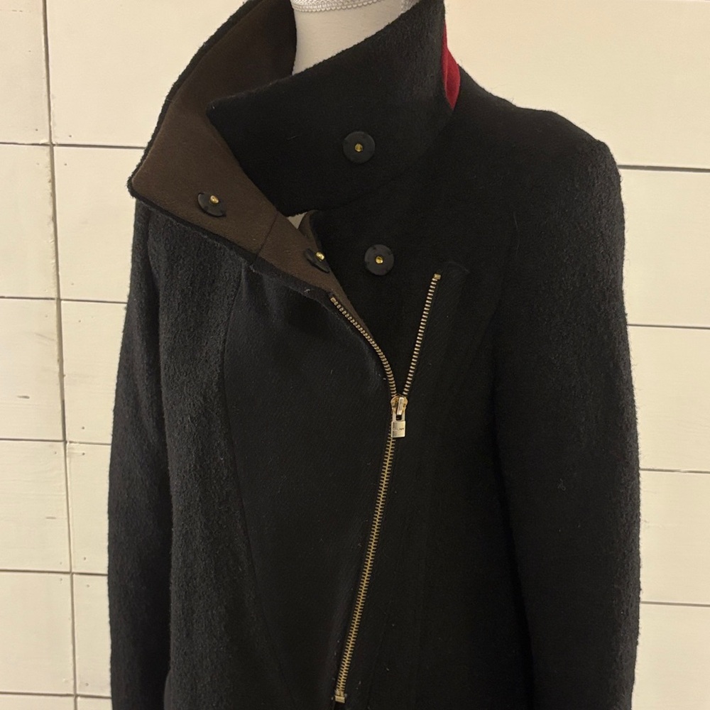 DKNY Black and Brown Pea Coat with Red Accent